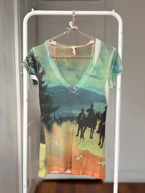 Vintage 2000s y2k Sparkle & Fade super thin sheer handmade v neck western t
